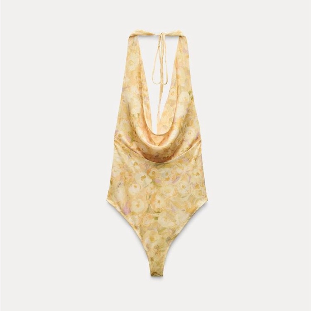 NWT Zara Printed Tulle Bodysuit in Yellow - Small